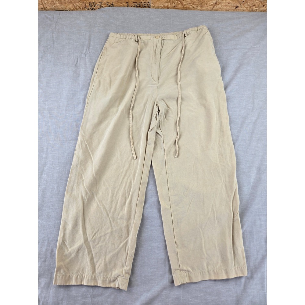 Amanda Smith Tan Tencel Linen Blend Wide Leg Drawstring Pants Womens Medium